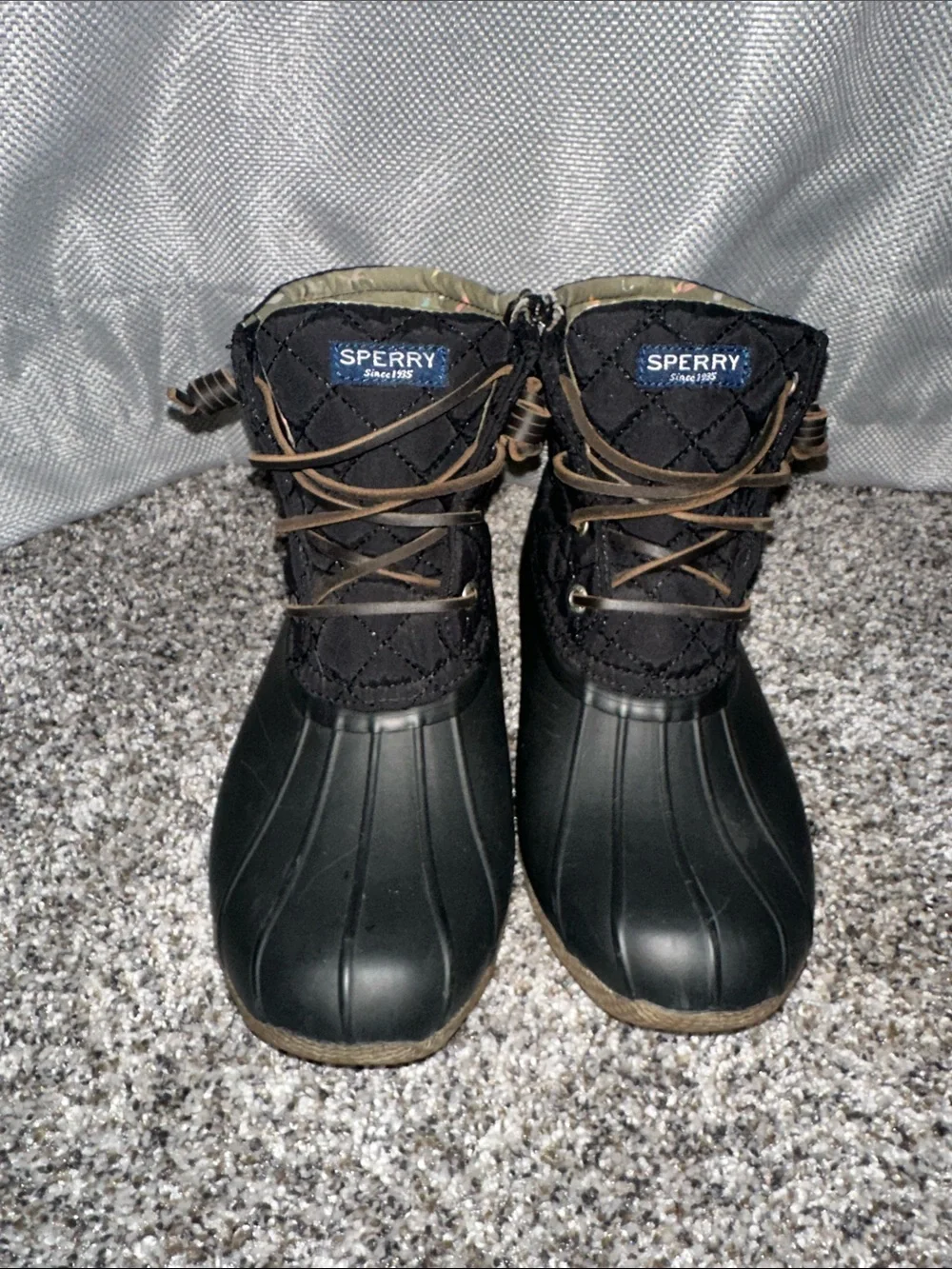 Sperry Black Quilted Duck Rain Boots with Brown Laces